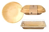Holzgeschirr Set mit runden Holztellern und rechteckigen Holzschalen mit Deckel und Folie, umweltfreundlich, Artikelnummer 512