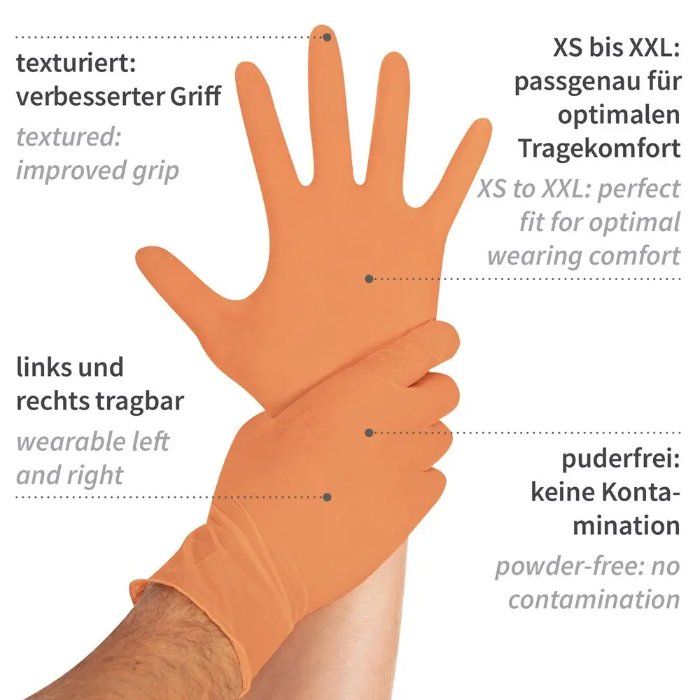 Hygostar Safe Light Nitrilhandschuhe orange puderfrei, texturierter Einweghandschuh mit verbessertem Griff, beidhändig tragbar, in Größen XS bis XXL für Medizin, Pflege, Kosmetik und Lebensmittelindustrie, VE 1000 Stück