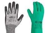 Ansell Schutzhandschuhe HyFlex und AlphaTec, ein grauer Montagehandschuh mit schwarzer Beschichtung und ein grüner Chemikalienschutzhandschuh, Artikelnummer 11-849