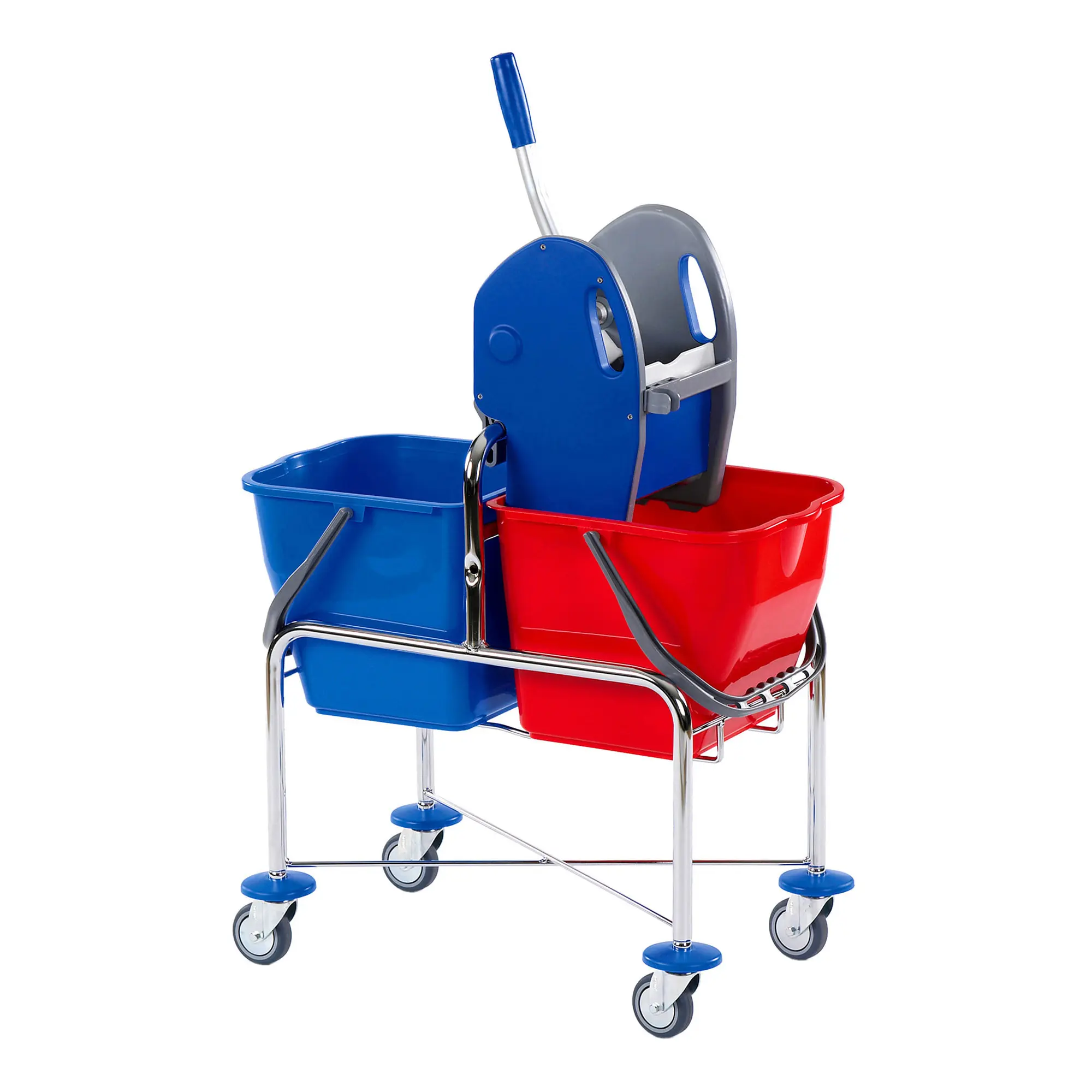 Floorstar SOLID DOFA 20 T Doppelfahrwagen 2 x 17 Liter erhöht mit verchromtem Fahrgestell, zwei 17-Liter-Eimern in Rot und Blau und 360° drehbaren Rollen, Artikelnummer DOFA20T