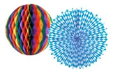 Wabendekoration Set mit bunter Papierkugel und blauem Fächerornament zur Raumdekoration, Artikelnummer 512