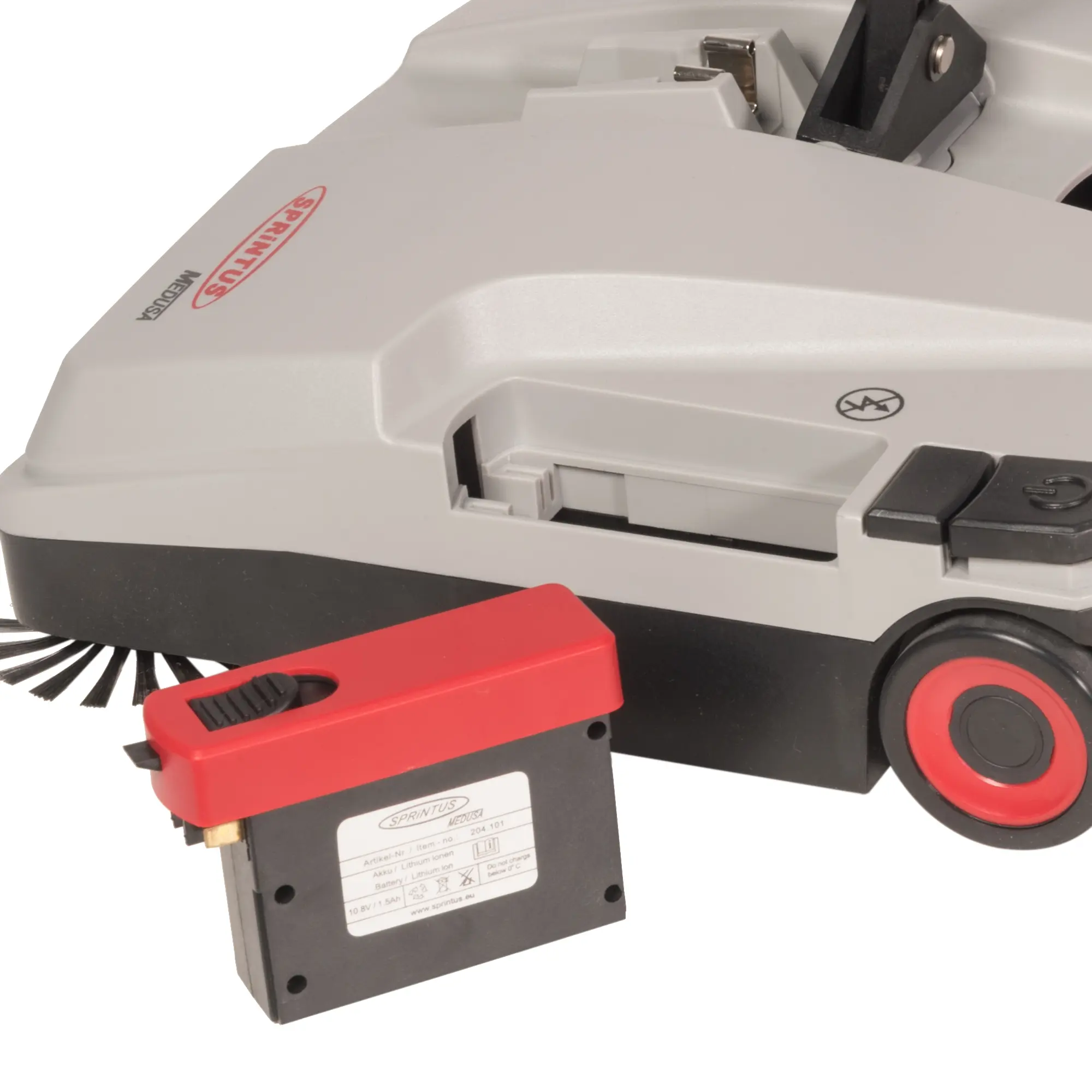Sprintus Akkukehrmaschine Medusa mit austauschbarem Akku und Seitenbesen für kabellose Zwischenreinigung auf Hartböden und Teppichen, Artikelnummer 20704101