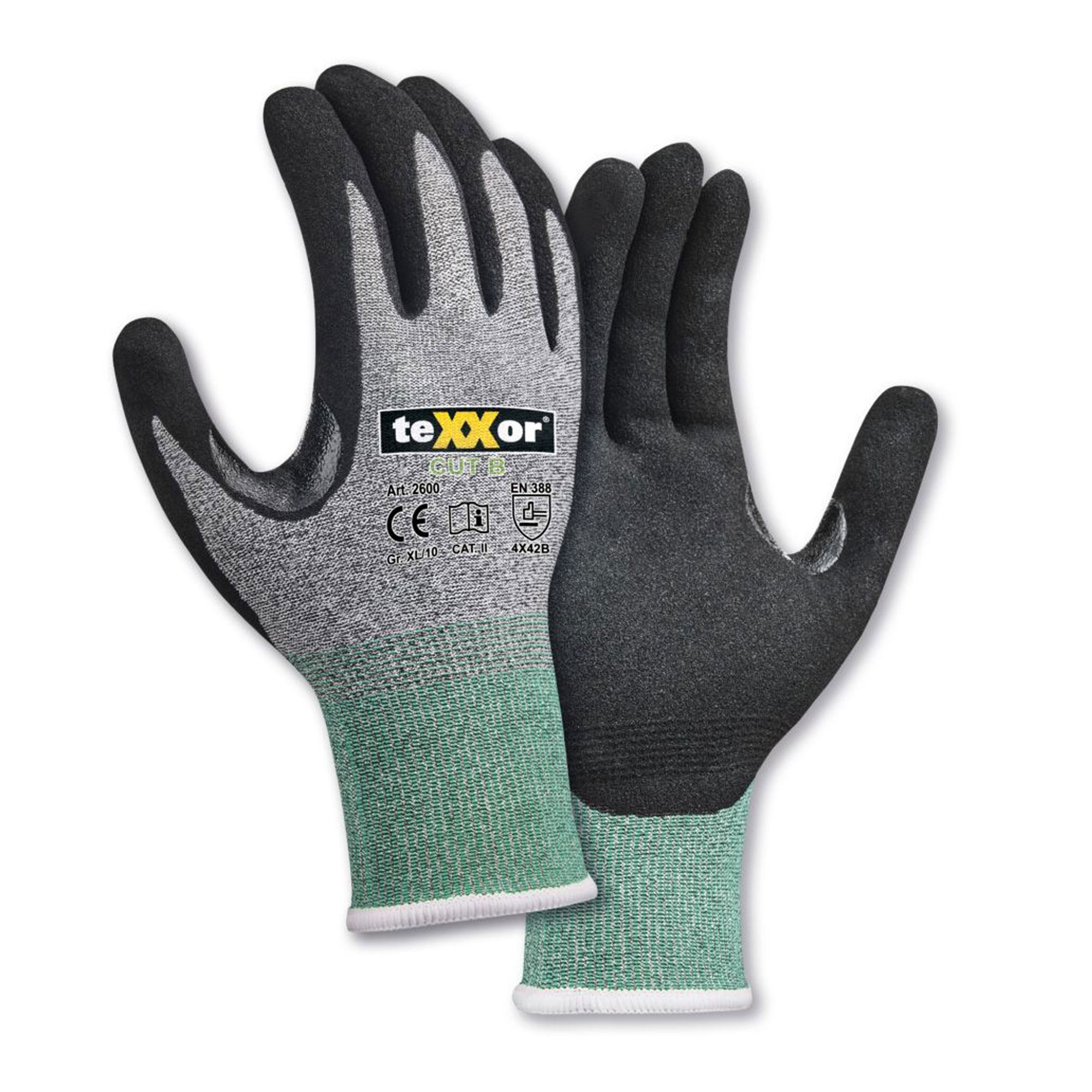 teXXor 2600, CUT B Schnittschutzhandschuhe mit Nitril, gesandet-Beschichtung grau-meliert/grün/schwarz, VE 144 Paar