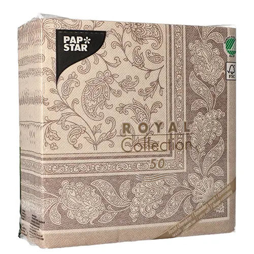 PAPSTAR Servietten ROYAL Collection 1/4-Falz 40 cm x 40 cm mocca Ornaments, hochwertige stoffähnliche Premium-Servietten mit Ornament-Dekor, FSC- und Nordic-Ecolabel-zertifiziert, Packung mit 5 x 50 Stück