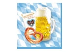 Oktoberfest Servietten mit Bierkrug, Brezel und Lebkuchenherz auf blau-weiß kariertem Hintergrund, Artikelnummer 12345
