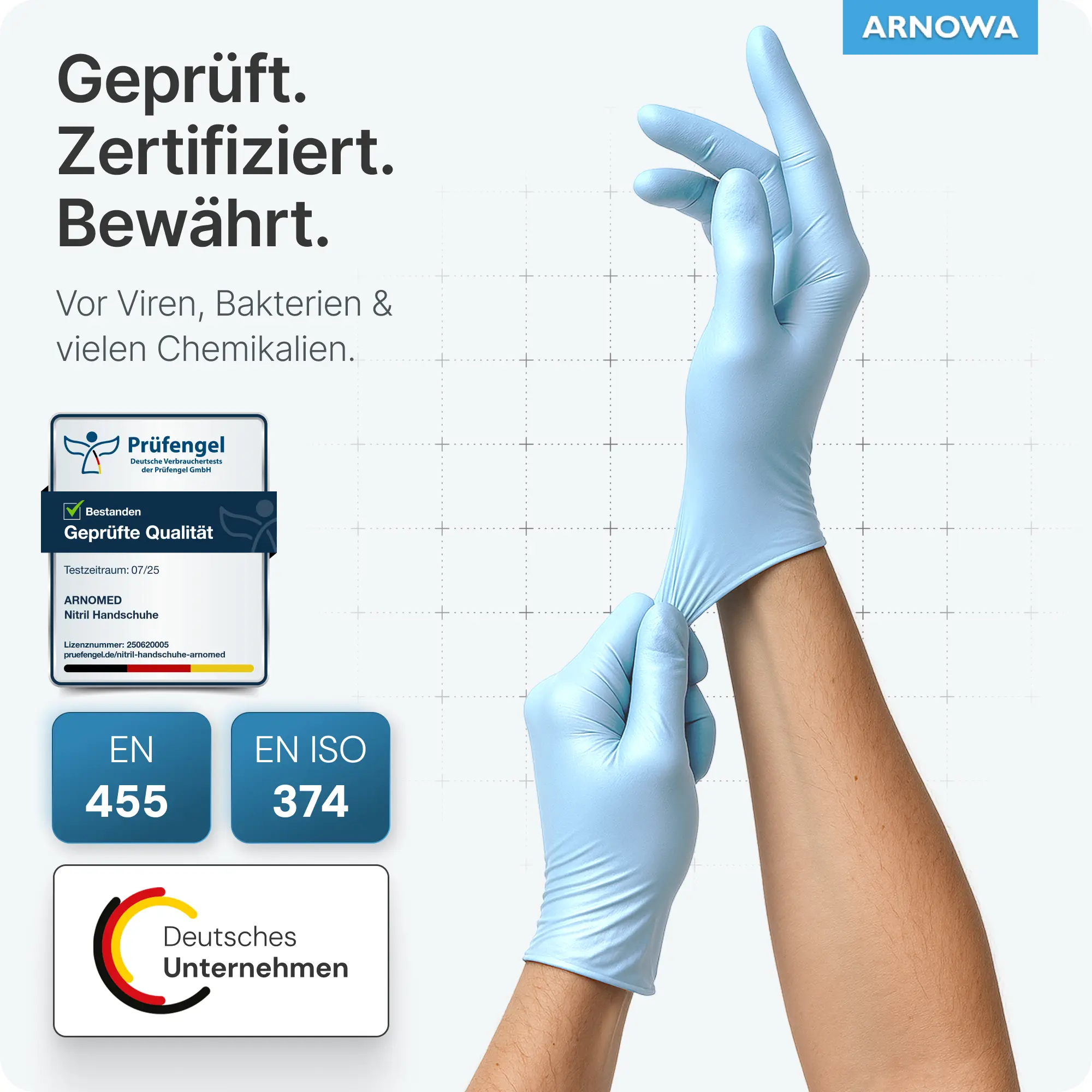 ARNOMED RAINBOW NITRIL ICE BLUE Nitrilhandschuhe hellblau, puderfrei und latexfrei, elastische Einmal-Untersuchungshandschuhe für Medizin, Pflege, Labor und Arbeitsschutz, VE 100 Stück