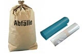 Müllsack Set aus stabilem Papiersack mit Aufdruck Abfälle und zwei Rollen Kunststoffsäcke, blau und transparent, für die zuverlässige Müllentsorgung