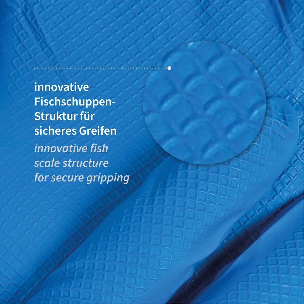 Hygostar Power Grip Long Nitrilhandschuhe blau puderfrei mit innovativer Fischschuppen-Struktur für sicheres Greifen, VE 500 Stück
