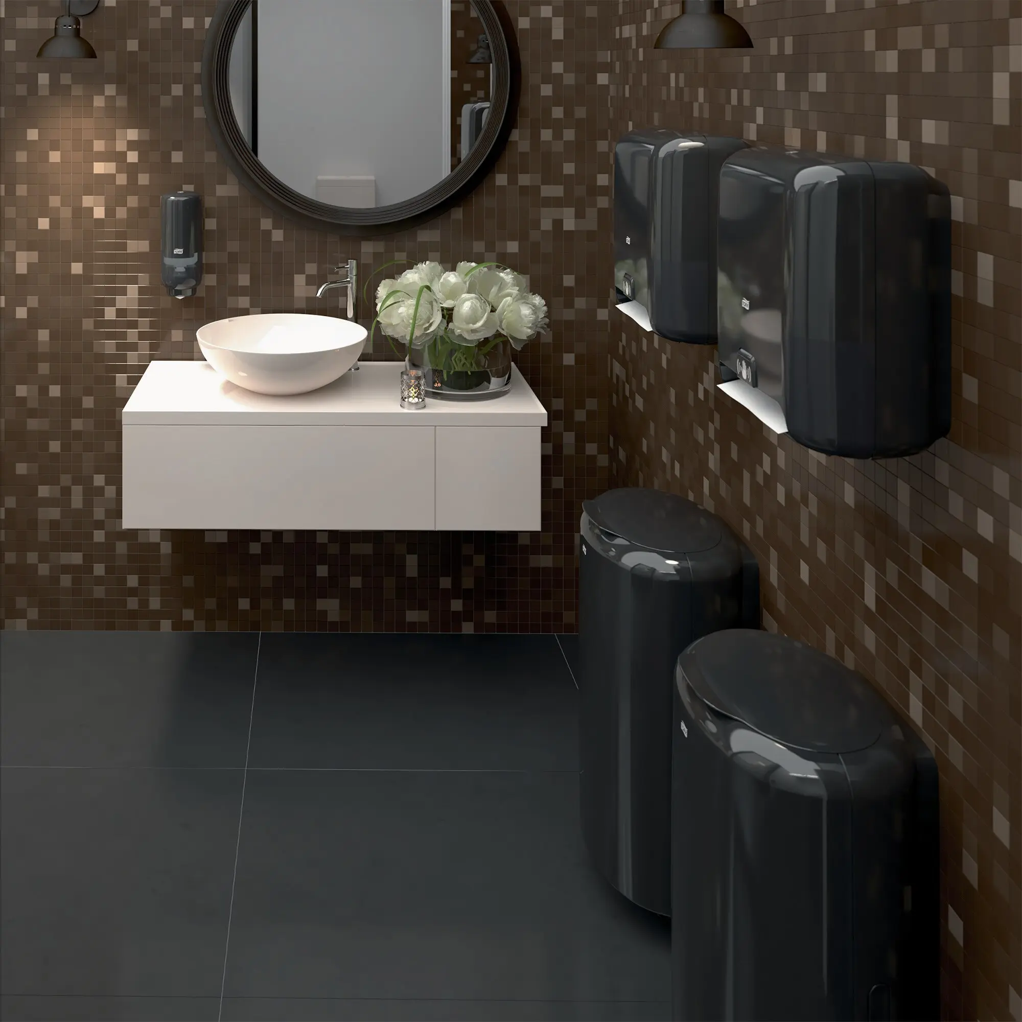 Tork Elevation Abfallbehälter B1, 50 Liter in schwarz, offener Hygienemülleimer zur Wand- und Bodenmontage für Waschräume, Artikelnummer 563008