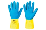 Chemikalien-Schutzhandschuhe blau-gelb mit langer Stulpe für Reinigungs- und Laborarbeiten, Artikelnummer 28106