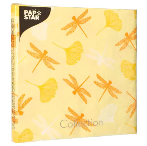PAPSTAR Servietten, 3-lagig 1/4-Falz 40 x 40 cm gelb "Ginko" mit gelben Ginkoblättern und orangefarbenen Libellen, FSC- und Nordic-Ecolabel-zertifiziert, Art.-Nr. 88600