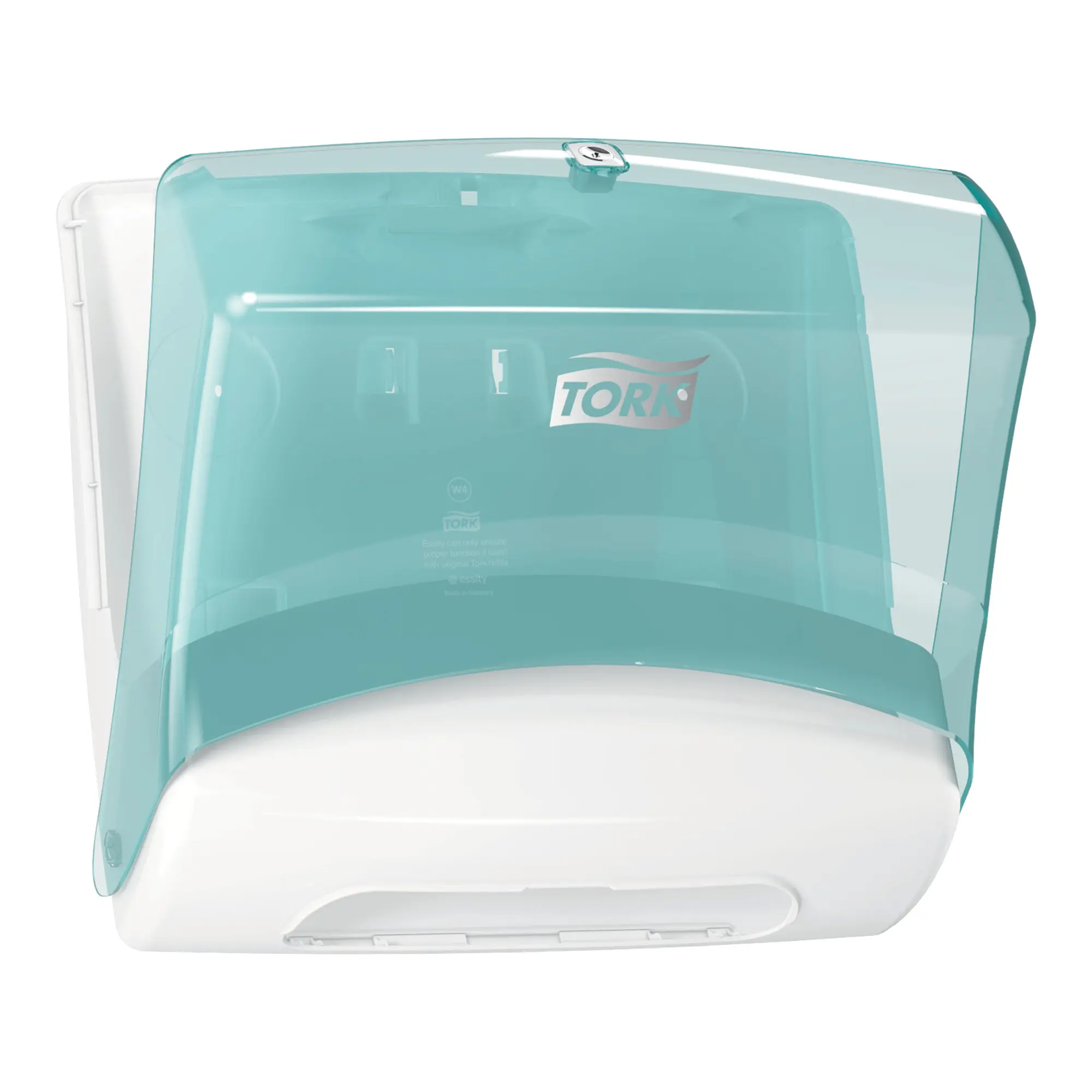 Tork Performance Einzeltuchspender W4 in Weiß-Türkis für gefaltete Wischtücher, hygienische Einzelblattentnahme, Artikelnummer 654000