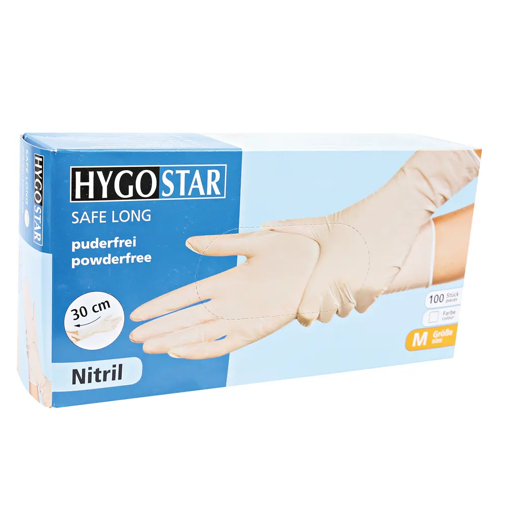 Hygostar Safe Long Nitrilhandschuhe weiß puderfrei mit extra langer Stulpe aus Nitril, für Medizin, Pflege, Labor und Hygieneanwendungen, VE 1000 Stück