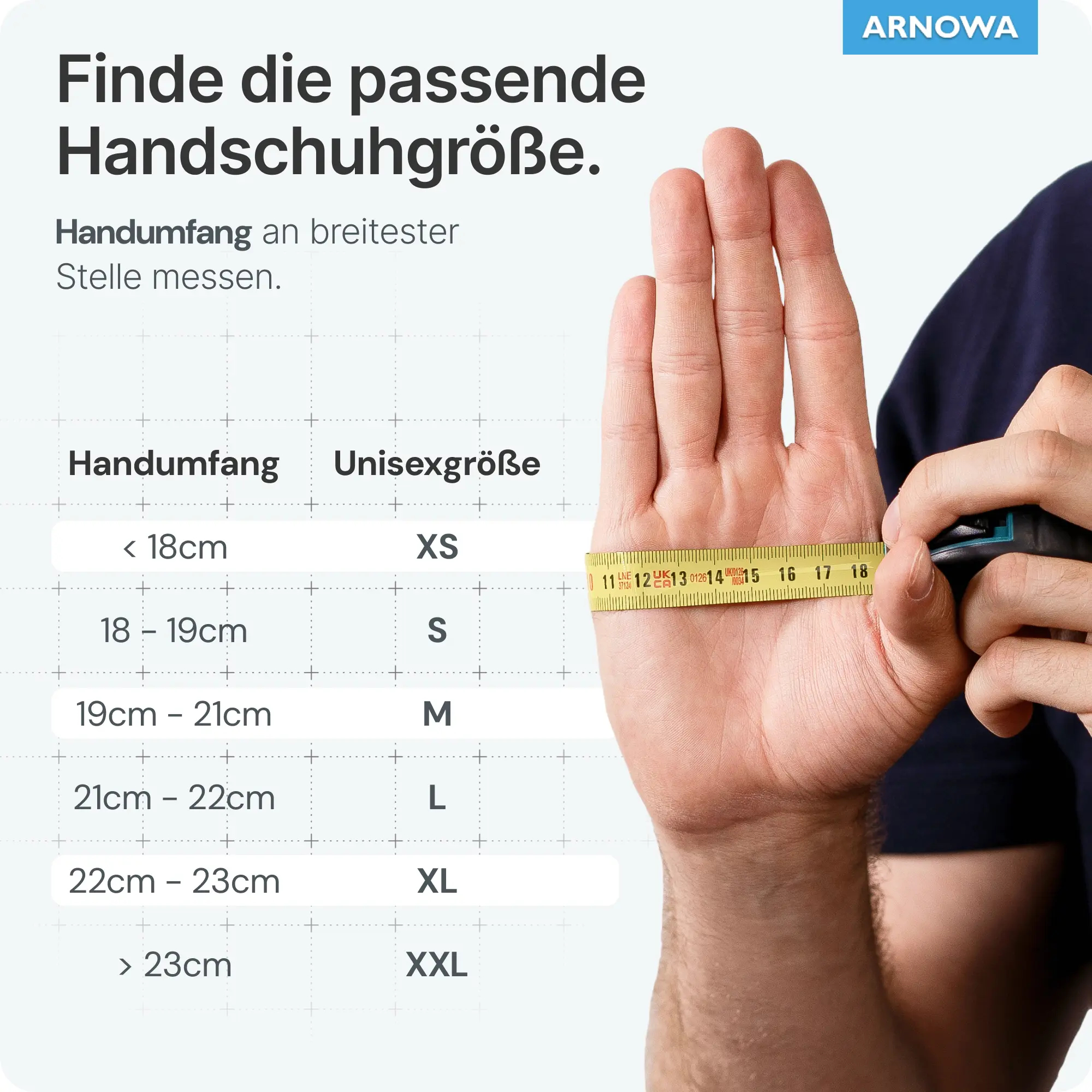 ARNOMED CLASSIC NITRIL MIDNIGHT BLACK Nitrilhandschuhe schwarz puderfrei – Anleitung zur Bestimmung der passenden Handschuhgröße durch Messen des Handumfangs mit Größentabelle von XS bis XXL