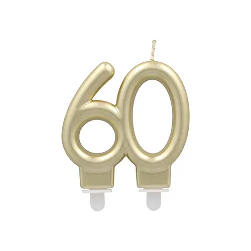 PAPSTAR Jubiläumskerzen mit Halter 7 cm gold "60", goldene Zahlkerze aus Paraffin mit stabilem Halter für Torten zum 60. Geburtstag oder Jubiläum, Art.-Nr. 37148