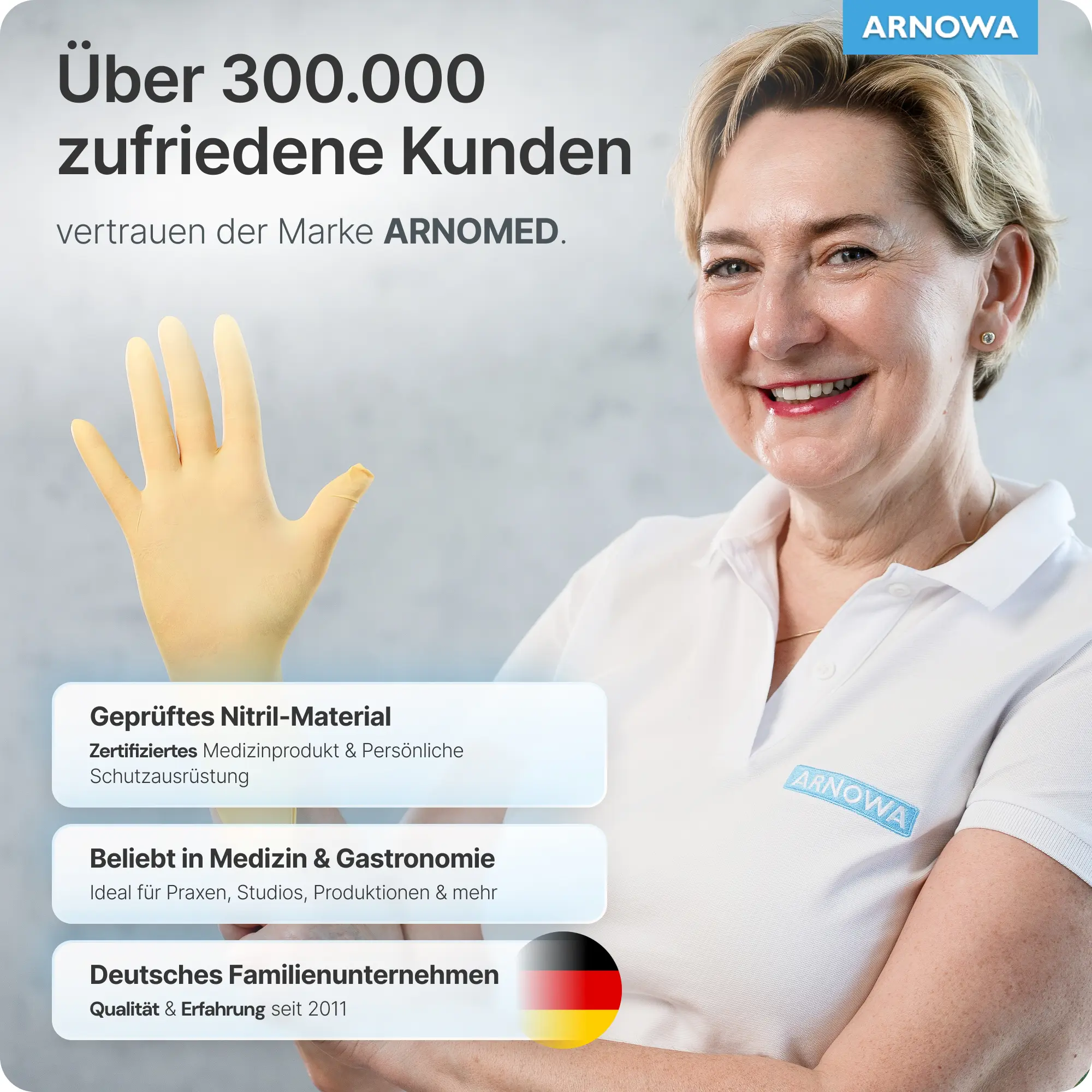 ARNOMED RAINBOW NITRIL SUNFLOWER YELLOW Nitrilhandschuhe gelb puderfrei von ARNOMED, eine Frau zieht einen gelben Nitrilhandschuh an, Hinweise auf zertifiziertes Nitril-Material und Einsatz in Medizin, Pflege, Labor und Gastronomie