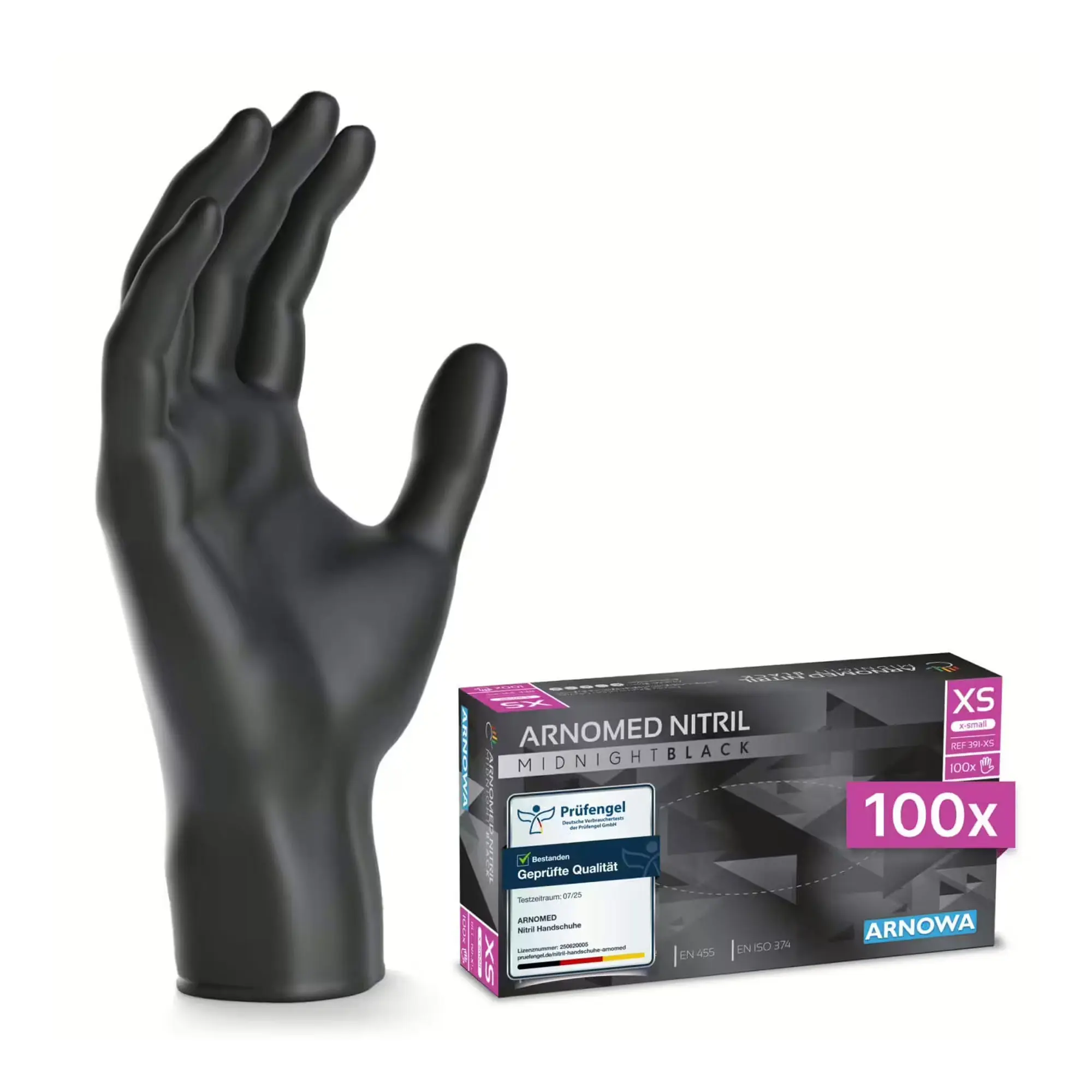 ARNOMED Nitril Midnight Black Nitrilhandschuhe XS schwarz, 100 Stück, puderfreie Einmalhandschuhe aus Nitril für Medizin, Pflege, Labor und Hygiene, Darstellung einer getragenen Handschuhhand neben der Verpackung