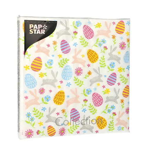 PAPSTAR Servietten 3-lagig 1/4-Falz 33 x 33 cm "Happy Easter" aus Tissue, bunt bedruckt mit Ostereiern, Hasen und Frühlingsmotiven, FSC- und Nordic-Ecolabel-zertifiziert, 15 x 20 Stück