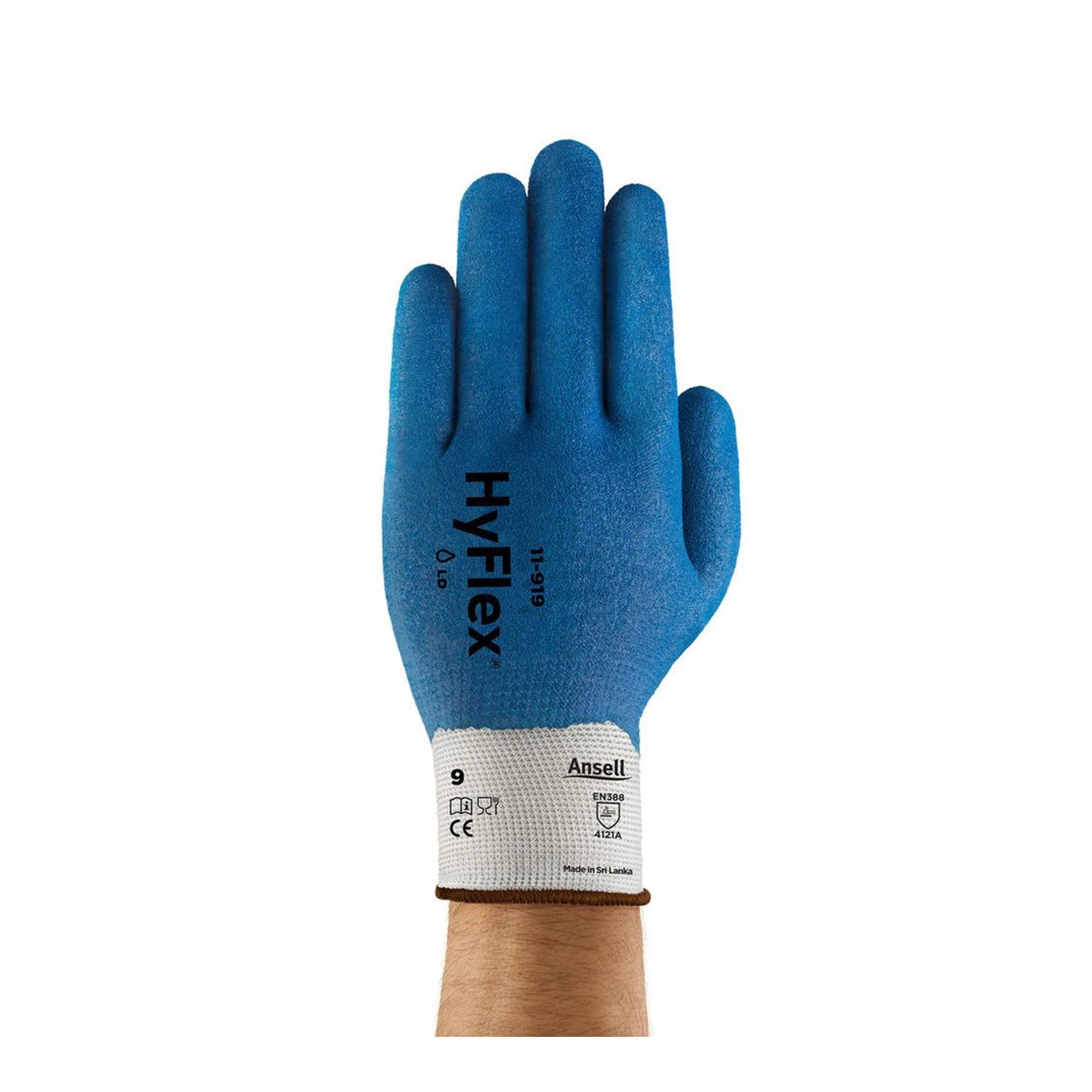 Ansell HyFlex 11-919 Mechanikschutzhandschuhe mit blauer Nitril-Beschichtung und weißem Bündchen, abriebfest, ölbeständig, VE 12 Paar, Art.-Nr. 11-919