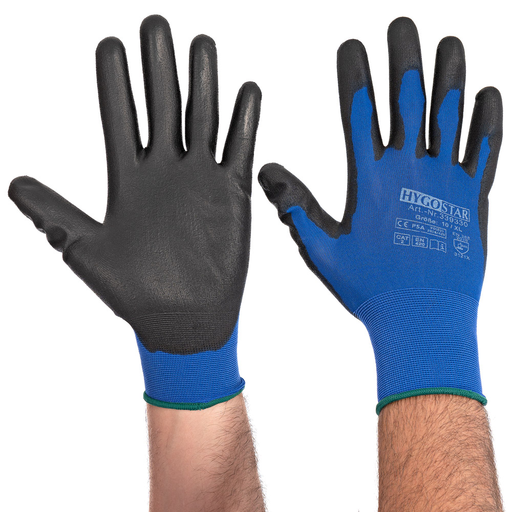 Hygostar Ultra Light Feinstrickhandschuhe mit Polyurethan-Beschichtung blau/schwarz, VE 120 Paar