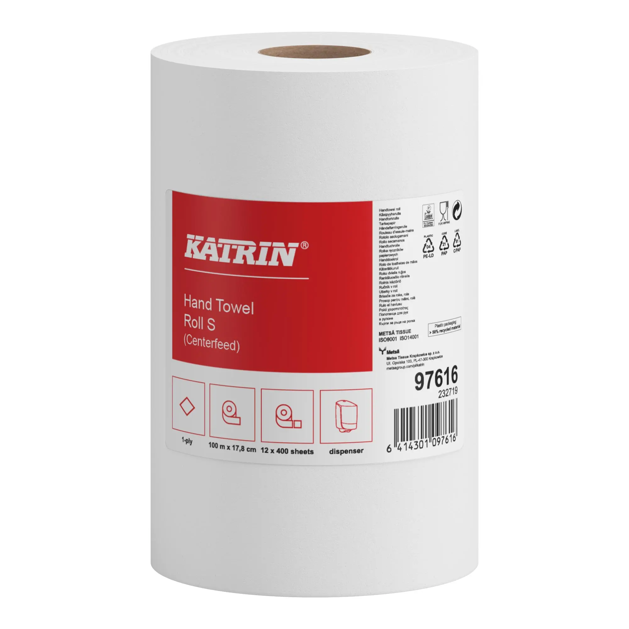 Katrin 97616 Plus Centerfeed S Handtuch-Mehrzweckrolle, 1-lagig, 100 m Innenabrollung für Katrin Centerfeed S Spender, Art.-Nr. 97616