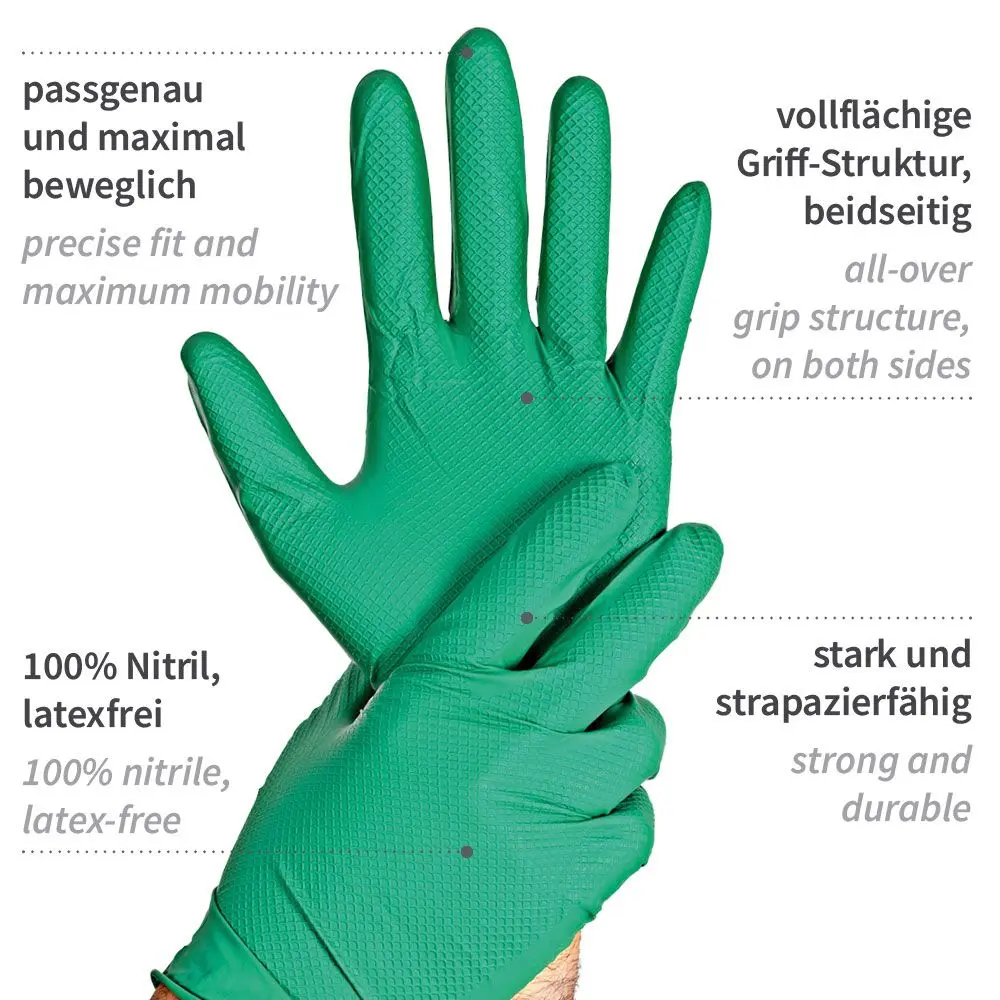 Hygostar Power Grip Nitrilhandschuhe grün puderfrei, 100 % Nitril, latexfrei, mit vollflächiger Griff-Struktur für sicheren Halt bei Nässe, Öl und Fett, VE 500 Stück