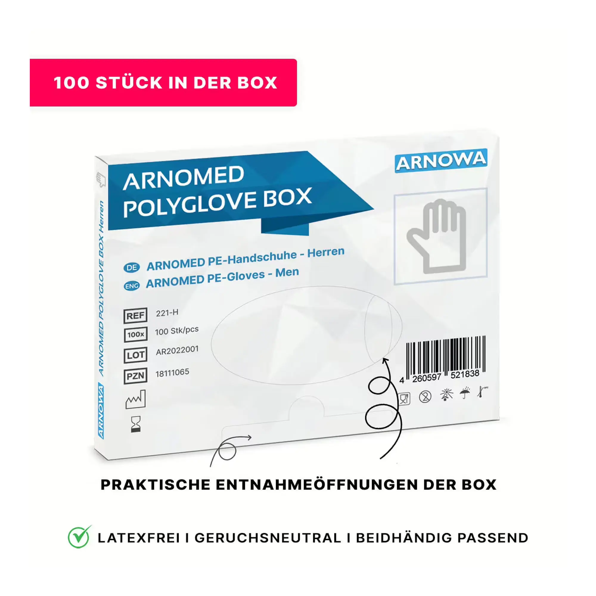 ARNOMED POLYGLOVE BOX PE-Einmalhandschuhe transparent, 100 Stück in Spenderbox, latexfrei, geruchsneutral, beidseitig tragbar, gehämmerte Oberfläche, Art.-Nr. 221-H