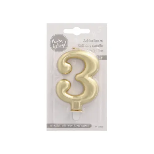 PAPSTAR Zahlenkerze mit Halter 7 cm gold "3", 7 cm hohe Paraffinkerze für Torten, sauber brennend, Art. 37158