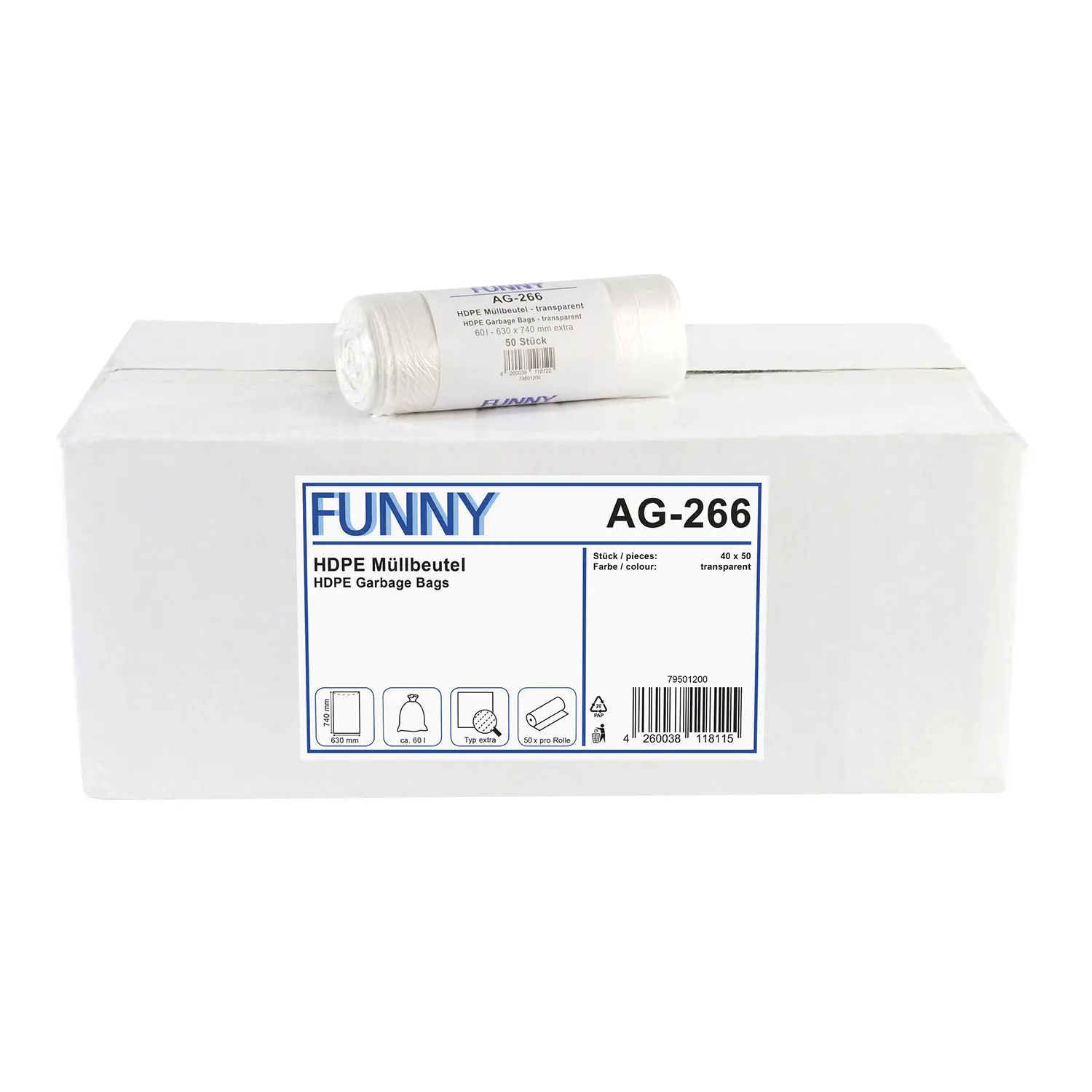 FUNNY HDPE Müllbeutel 60 Liter extra, natur, 6 my auf Karton mit Rollenverpackung, stabile 60-Liter-Abfallbeutel für Haushalt und Gastronomie, Art.-Nr. AG-266