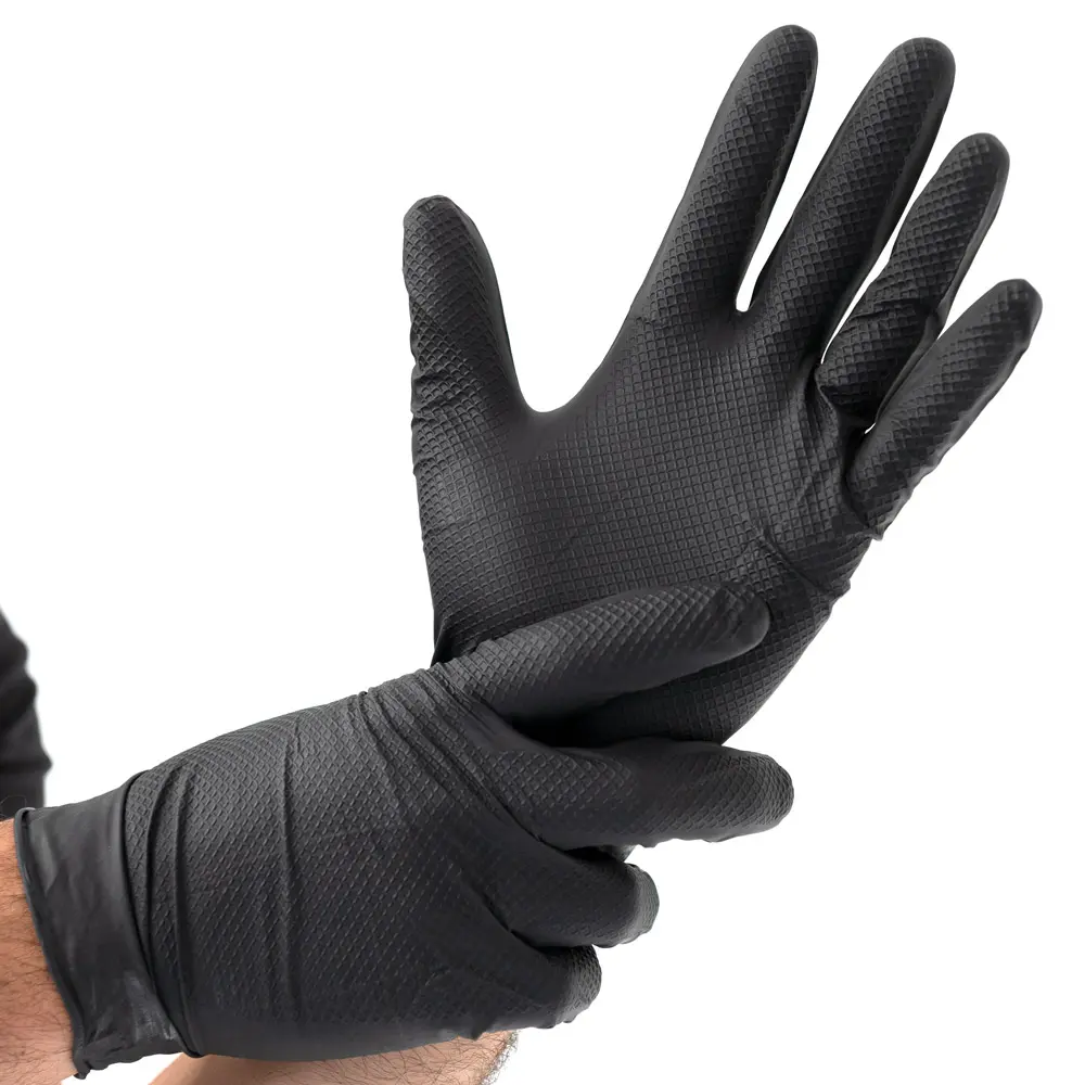 Hygostar Power Grip Nitrilhandschuhe schwarz puderfrei, strukturierte Nitril-Einweghandschuhe mit hoher Griffigkeit für Gastronomie, Lebensmittel und Montagearbeiten, VE 500 Stück