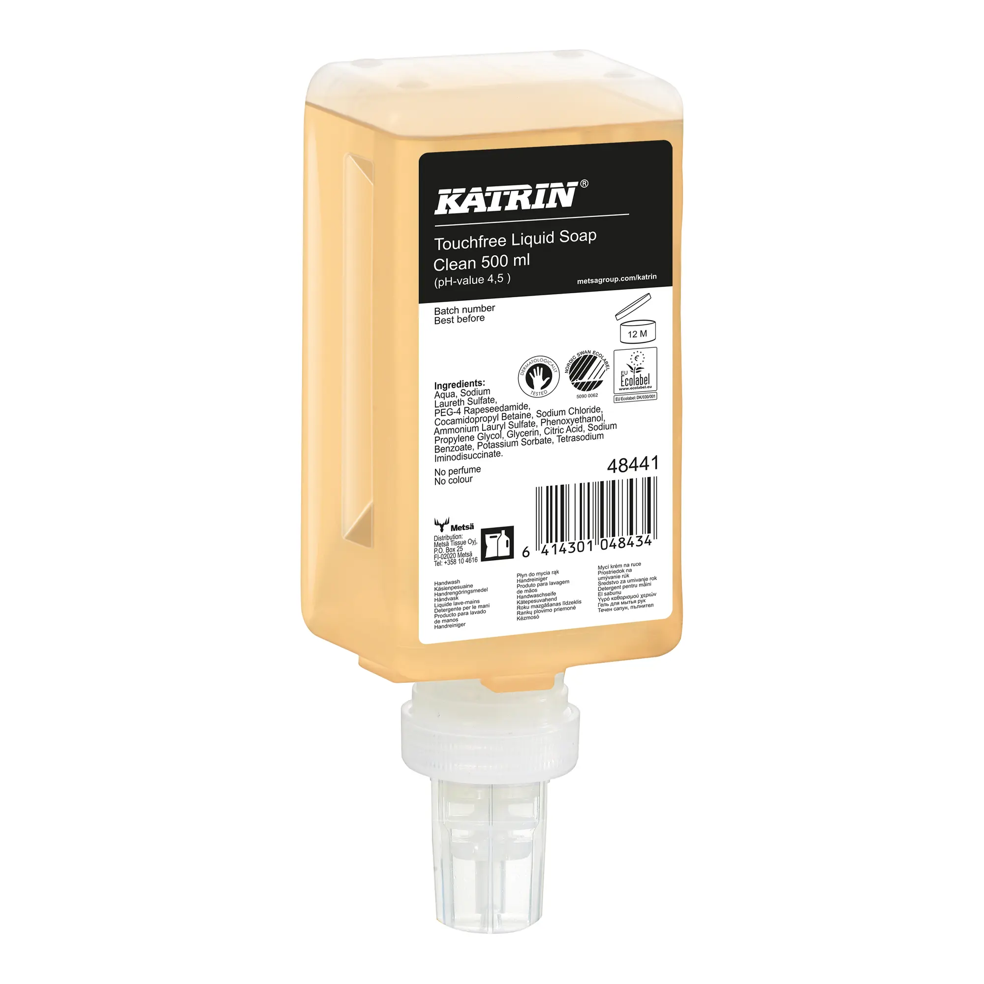 Katrin 48441 Touchfree Flüssigseife Clean 12 x 500 ml, milde cremige Flüssigseife ohne Farb- und Duftstoffe für häufiges Händewaschen, pH-hautneutral, Kartusche für Touchfree Seifenspender, Artikelnummer 48441