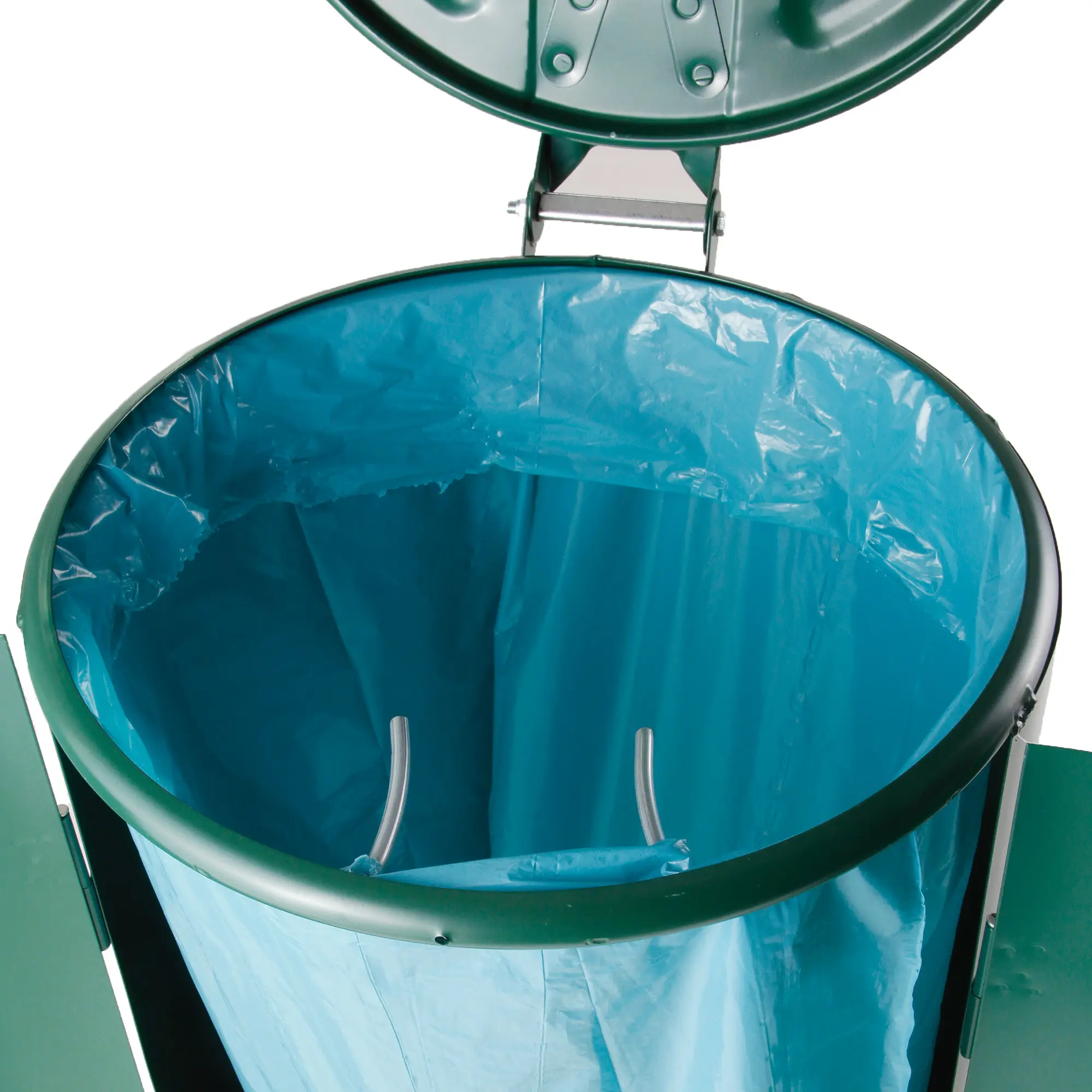 Vepa Bins Beutelhalter mit Metallgehäuse 120 Liter, geöffnet mit eingesetztem blauen Müllbeutel, robuster und wetterfester Abfallsackhalter für 120-Liter-Säcke von Vepa Bins