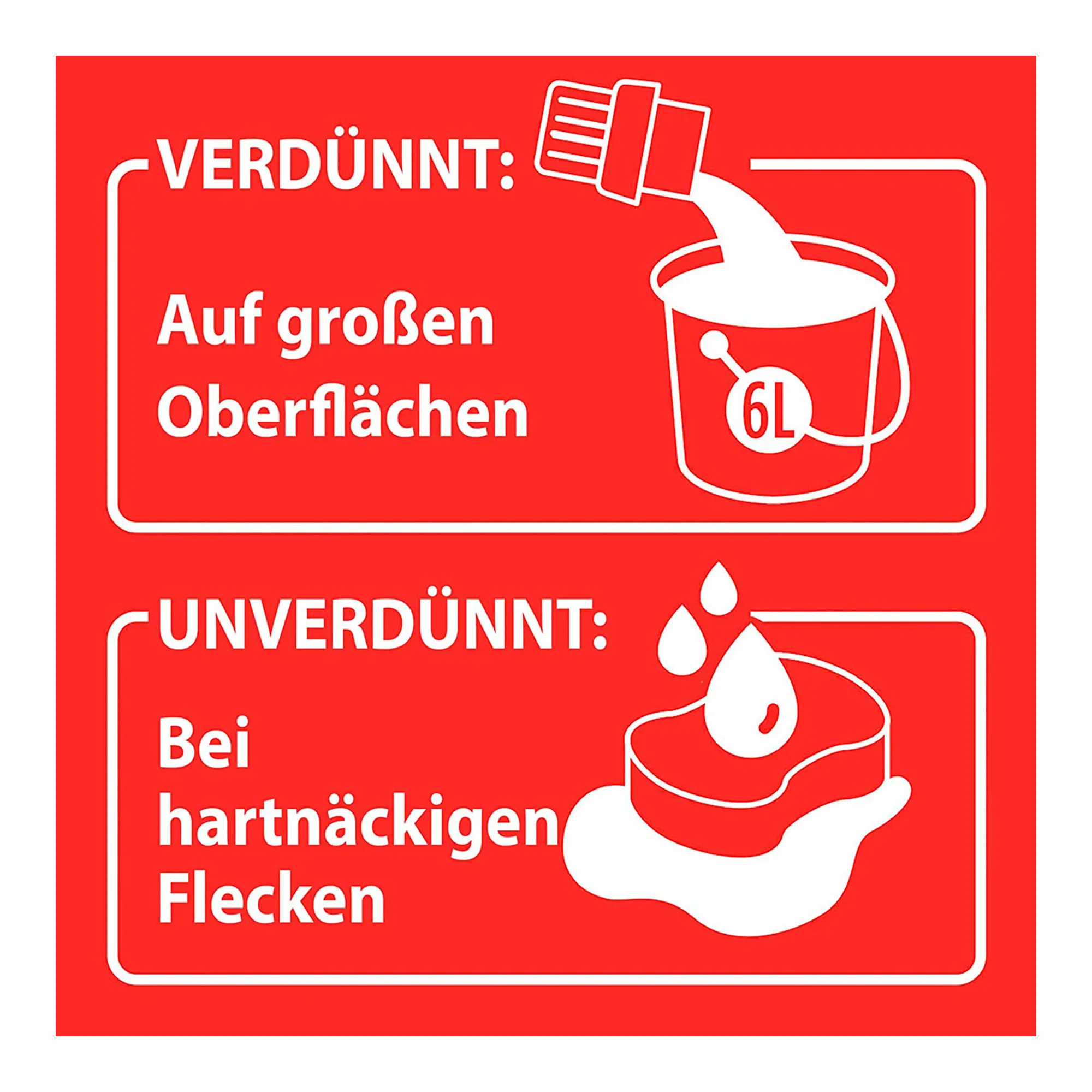 Ajax Frischeduft Allzweckreiniger Anwendung: verdünnt im 6-Liter-Eimer für große Oberflächen, unverdünnt mit Schwamm bei hartnäckigen Flecken einsetzen