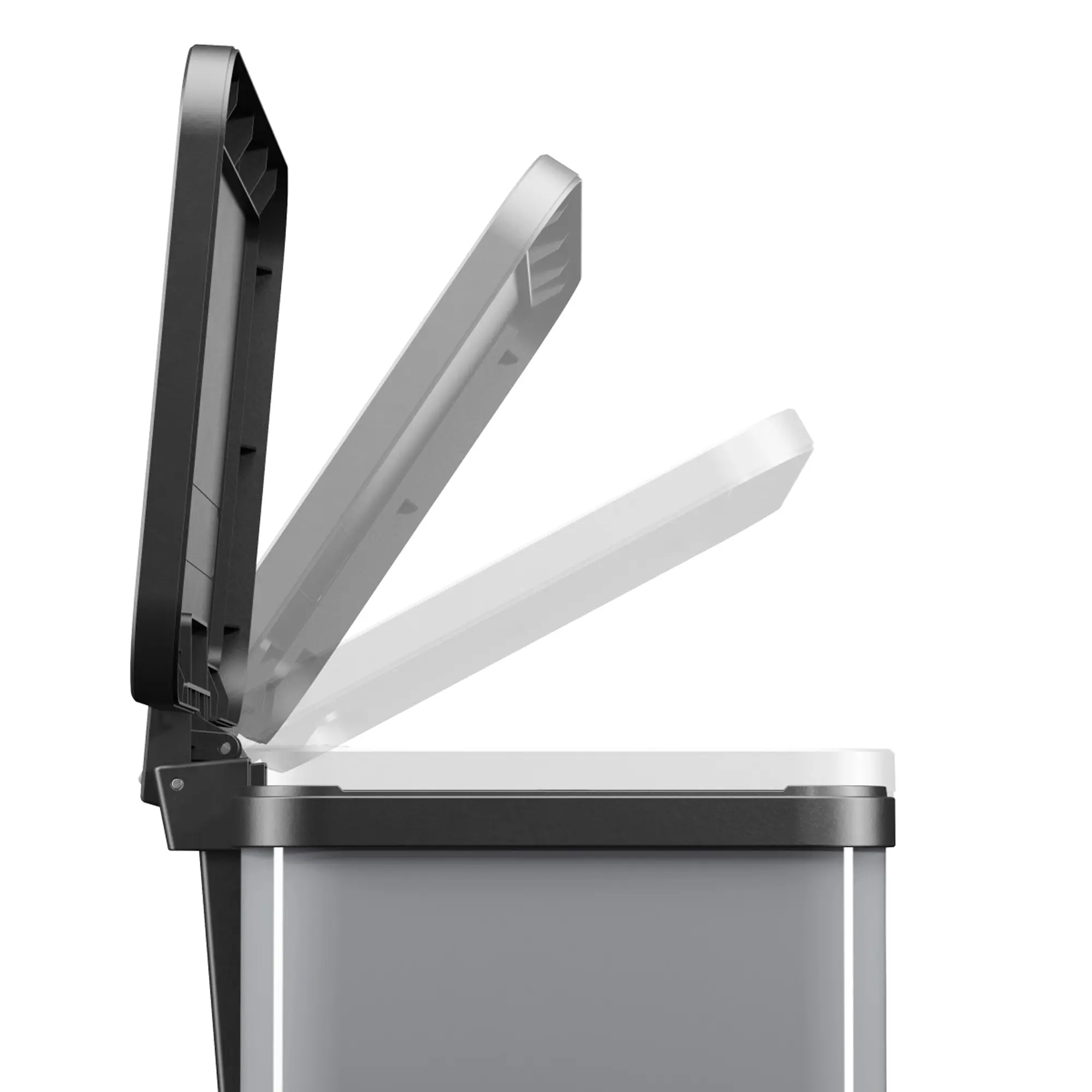 Hailo Öko duo Plus L Tretmülltrenner 1x9 und 1x17 Liter, seitliche Ansicht des sich automatisch schließenden Soft-Close-Deckels von Hailo