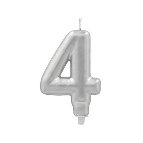 PAPSTAR Zahlenkerze mit Halter 7 cm silber "4", 7 cm hoch, raucharmer Abbrand für Torten, Kuchen, Geburtstage, Jubiläen, Artikel 89158