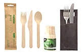 Holz Einwegbesteck Set nachhaltig mit Gabel, Messer, Löffel, Servietten und schwarzer Bestecktasche für Take-away und Catering, Artikelnummer 0000
