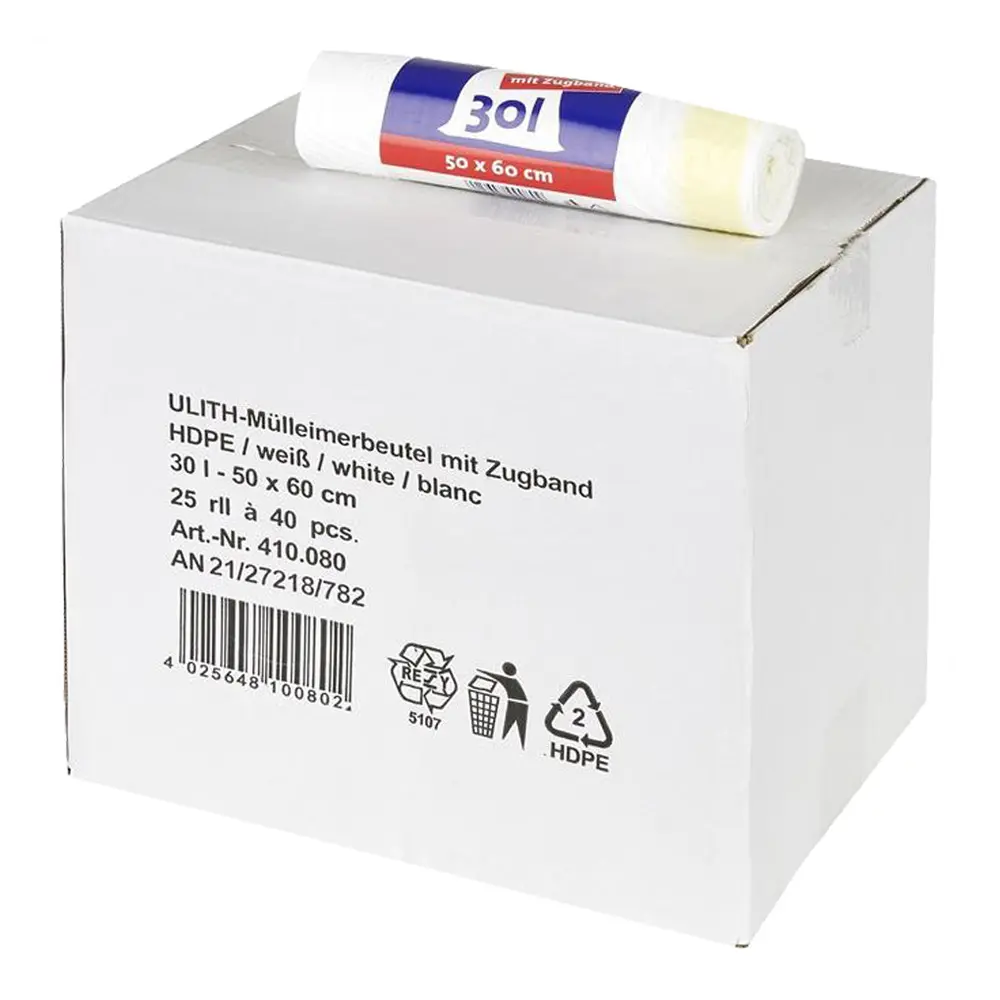 WBV Ulith Mülleimerbeutel Zugbandbeutel 30 Liter, weiß, 10,5 my