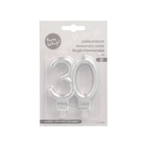 PAPSTAR Jubiläumskerzen mit Halter 7 cm silber "30" aus Paraffin, Höhe 7 cm, raucharmer Abbrand, ideal für Torten zum 30. Geburtstag, Art.-Nr. 37143
