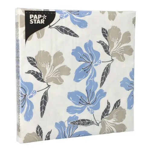 PAPSTAR Servietten, 3-lagig, 1/4-Falz, 40 x 40 cm Elegance mit blau-beigem floralen Dekor, umweltfreundliche Tissue-Servietten im Displaykarton