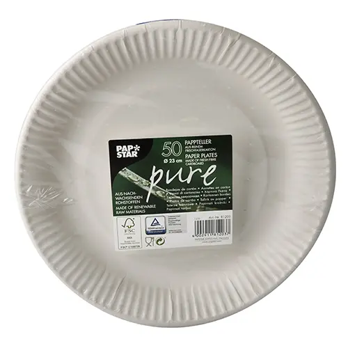 PAPSTAR Teller, Pappe "pure" rund Ø 23 cm weiß, runde FSC-zertifizierte Pappteller Ø 23 cm aus Frischfaserkarton, lebensmittelecht, 9 x 50 Stück, Art.-Nr. 81203