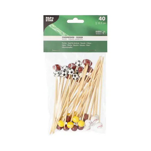 PAPSTAR Fingerfood-Picker 12,5 cm Sport, bunte Bambusspieße mit Sportball-Motiven im 40er-Beutel für dekoratives Anrichten von Snacks und Fingerfood, Artikelnummer 16836