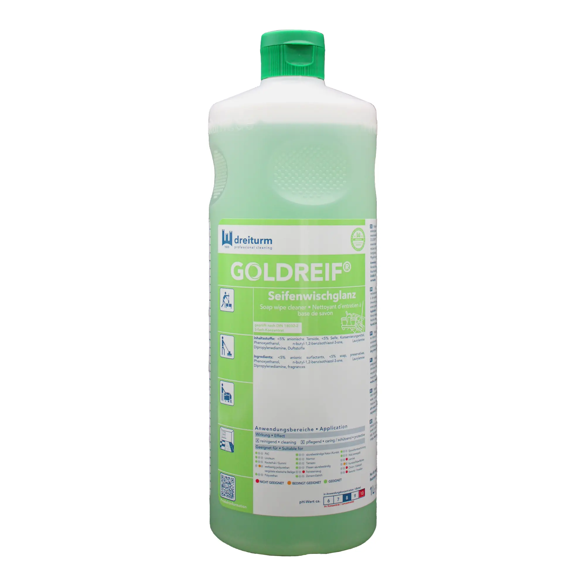 Dreiturm GOLDREIF Seifenwischglanz Seifenwischpflege-Konzentrat, schaumarmes Wischpflege-Konzentrat auf Seifenbasis für wasserbeständige Böden, 1 Liter