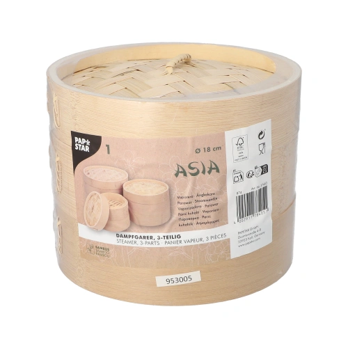 PAPSTAR Dampfgarer Bambus "ASIA" Ø 18 cm, 13,5 cm 3-teilig, 8 x 1 Stück