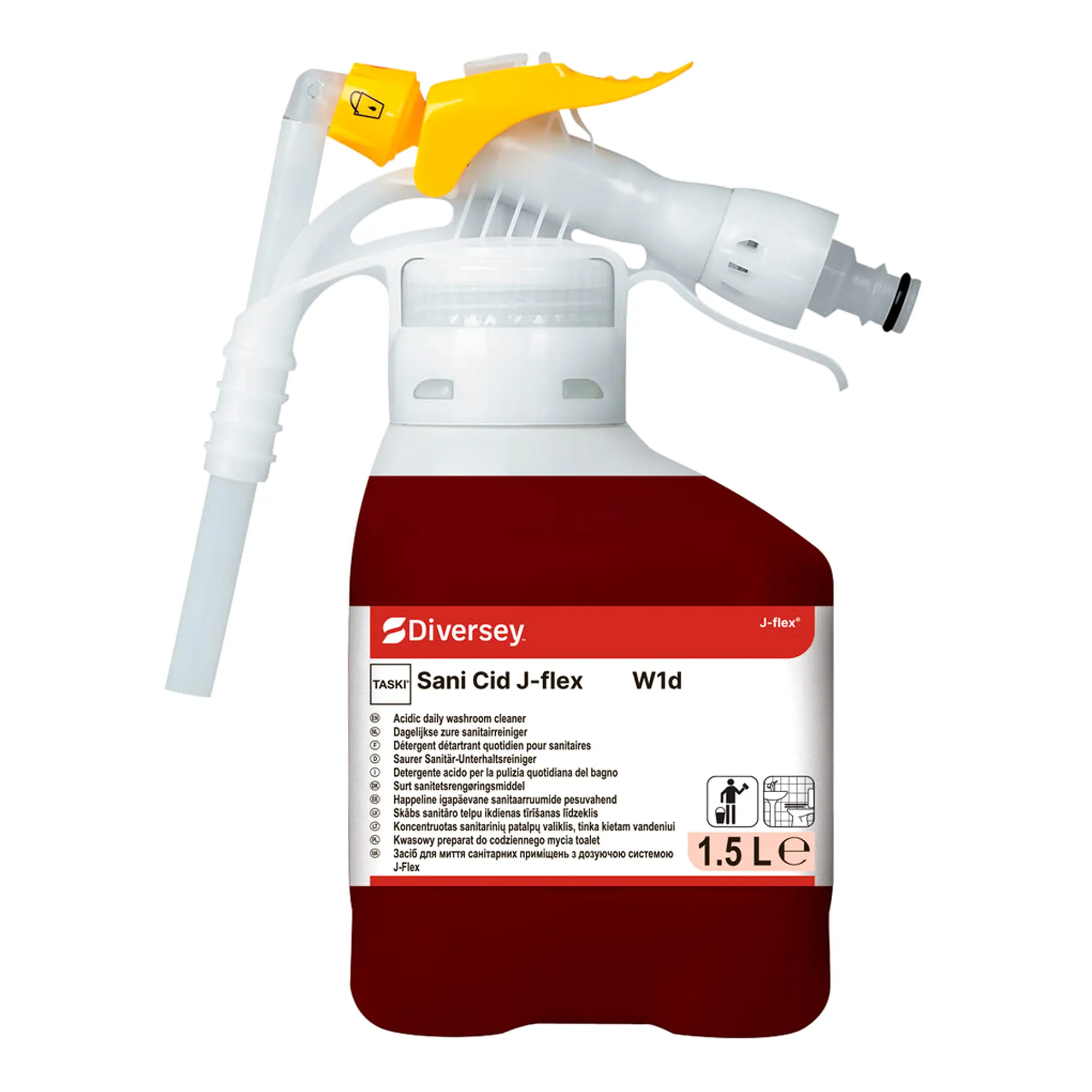 TASKI Sani Cid J-Flex W1d saurer Sanitär-Unterhaltsreiniger Hochkonzentrat von Taski in 1,5 L Flasche mit J-Flex Dosiersystem für die tägliche Bad- und Sanitärreinigung