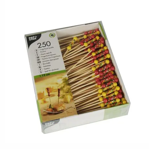 PAPSTAR Fingerfood - Picker 12 cm "Mexico", 6 x 250 Stück, farbenfrohe Bambus-Spieße mit roten und gelben Perlen in Pappbox für Fingerfood, Party und Buffet