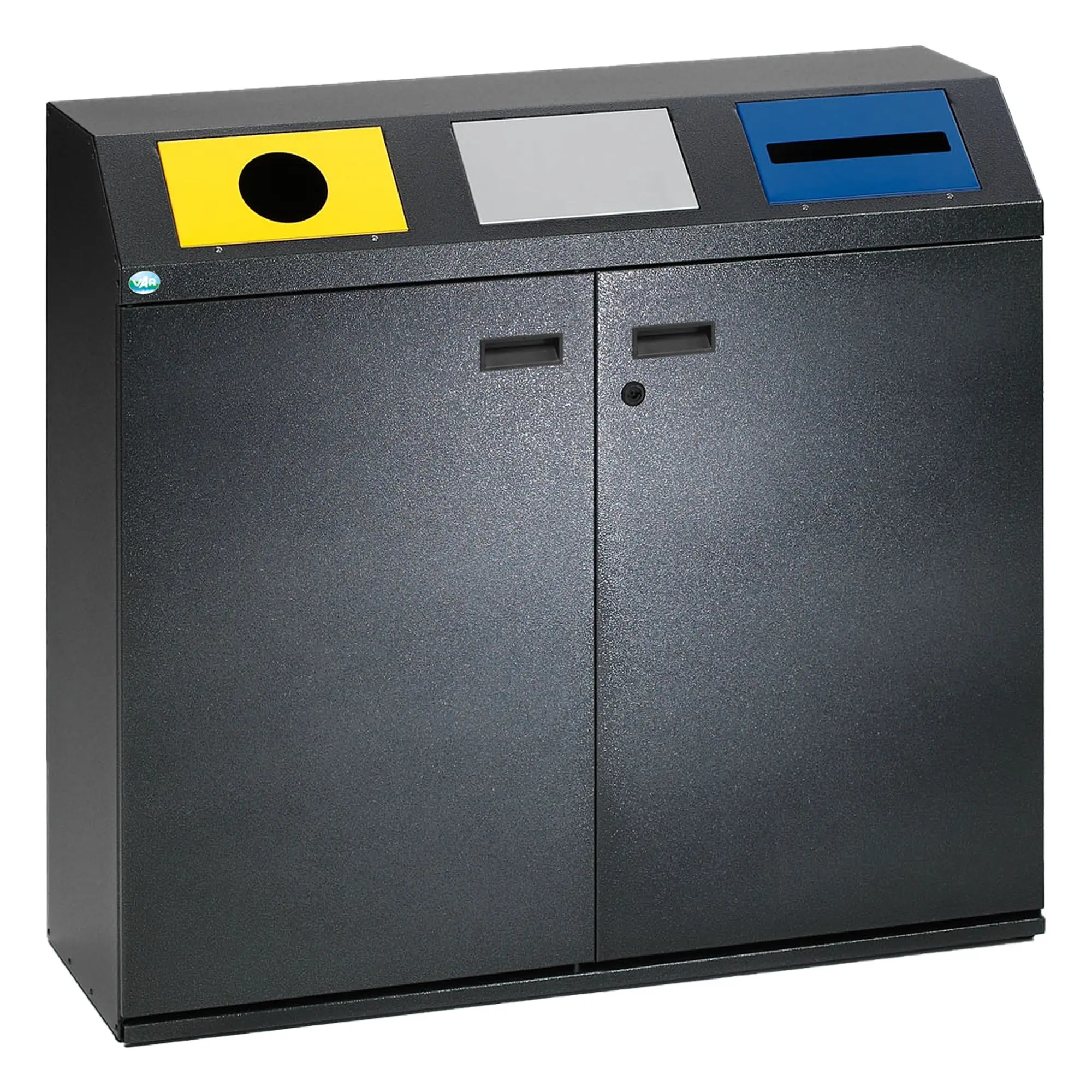 VAR Wertstoffsammelstation WS 97, 3 x 80 Liter, stabile Stahlblech-Mülltrennstation mit 3 farbigen Einwurfklappen und abschließbarer Doppelflügeltür, Artikelnummer WS 97
