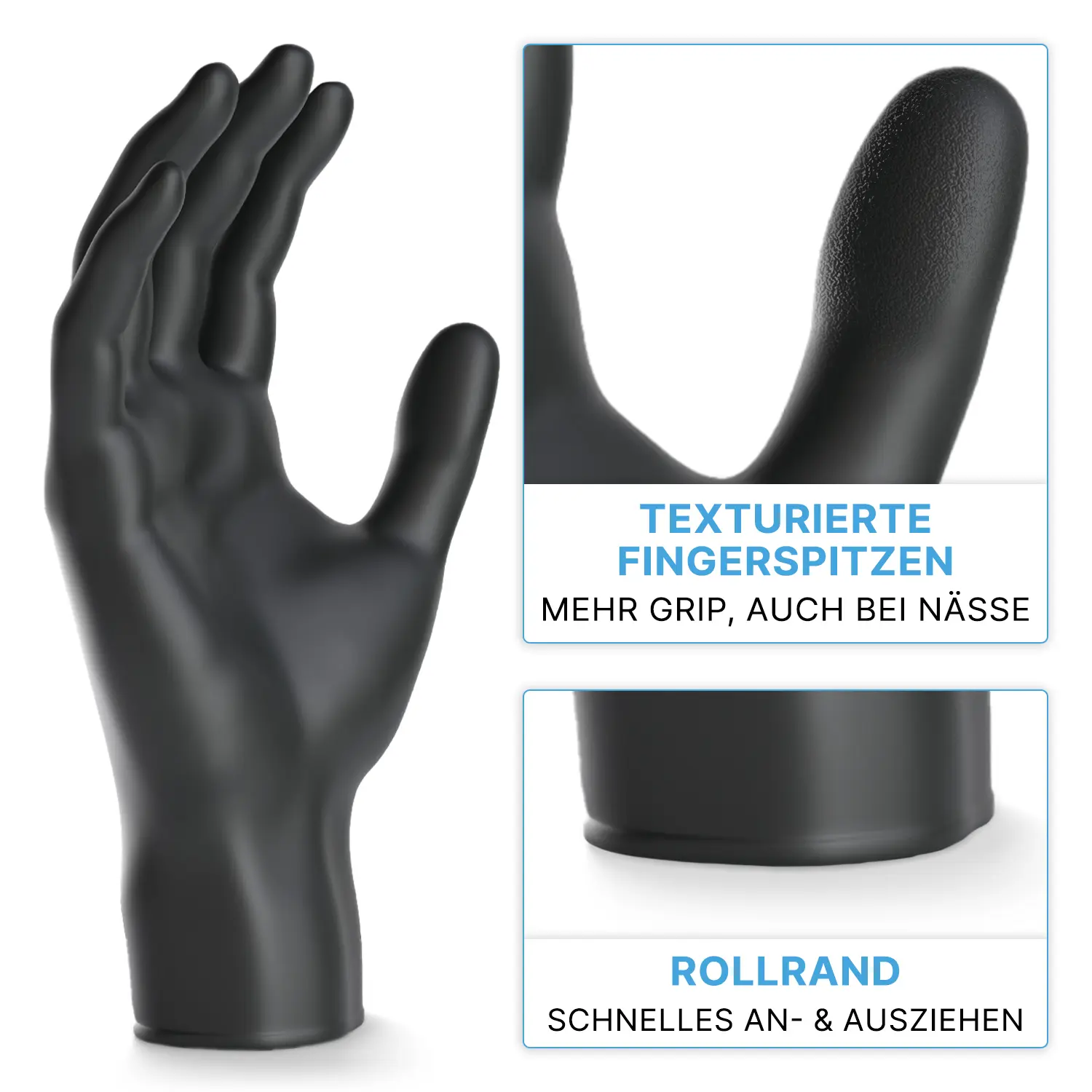 ARNOMED CLASSIC NITRIL BLACK 200er Nitrilhandschuhe schwarz puderfrei aus Nitril, latexfrei, mit texturierten Fingerspitzen für mehr Grip und Rollrand für schnelles An- und Ausziehen, VE 200 Stück