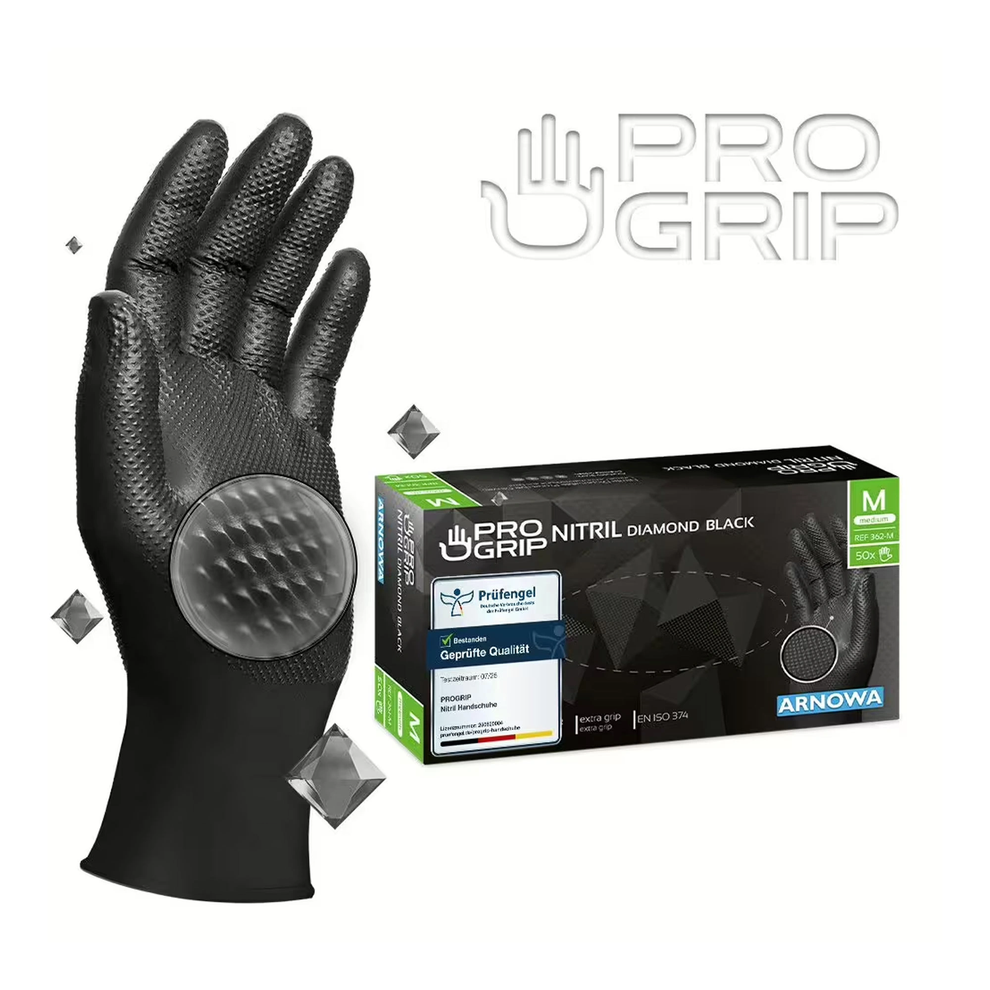 ARNOMED PROGRIP NITRIL DIAMOND BLACK Nitrilhandschuhe schwarz puderfrei, 50 Stück – extra dicke, latexfreie Nitrilhandschuhe mit Diamond-Grip-Struktur für professionelle Anwendungen in Gastronomie, Reinigung, Desinfektion und Lebensmittelindustrie