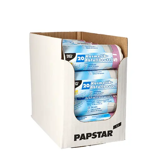 Starpak Müllbeutel mit Tragegriffen, HDPE 20 l 48 x 47 cm transparent auf Rolle im Displaykarton von PAPSTAR, Artikelnummer 12075