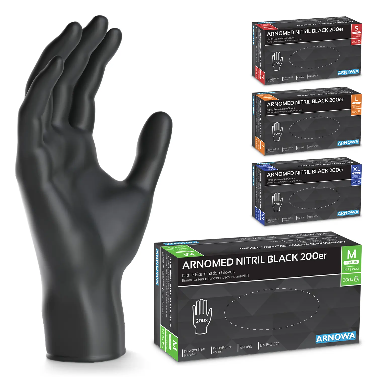 ARNOMED CLASSIC NITRIL BLACK 200er Nitrilhandschuhe schwarz puderfrei aus Nitril, latexfrei, Einmal-Untersuchungshandschuhe für Medizin, Pflege, Labor, Kosmetik und Lebensmittelverarbeitung